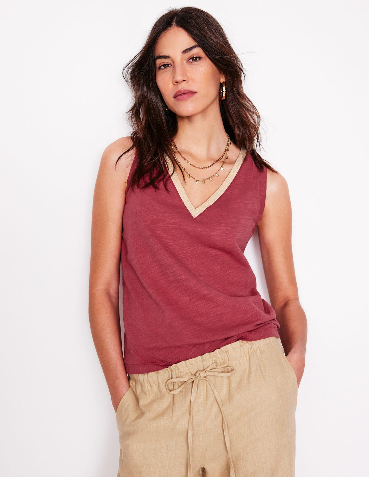 Metallic Trim V Neck Vest-Terracotta Red-4