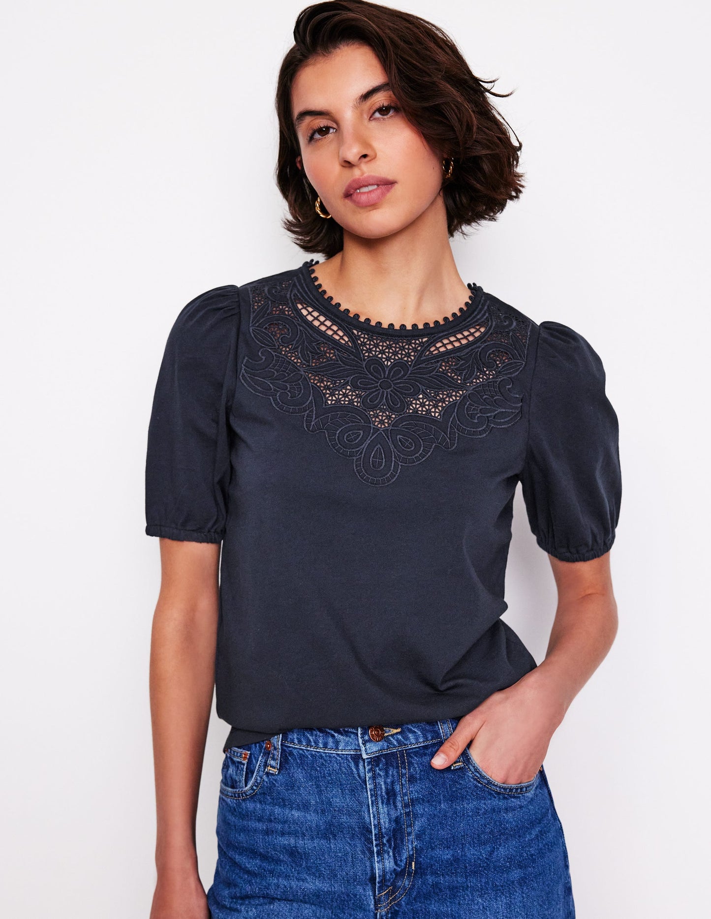 Cutwork Puff Sleeve T-Shirt-Navy