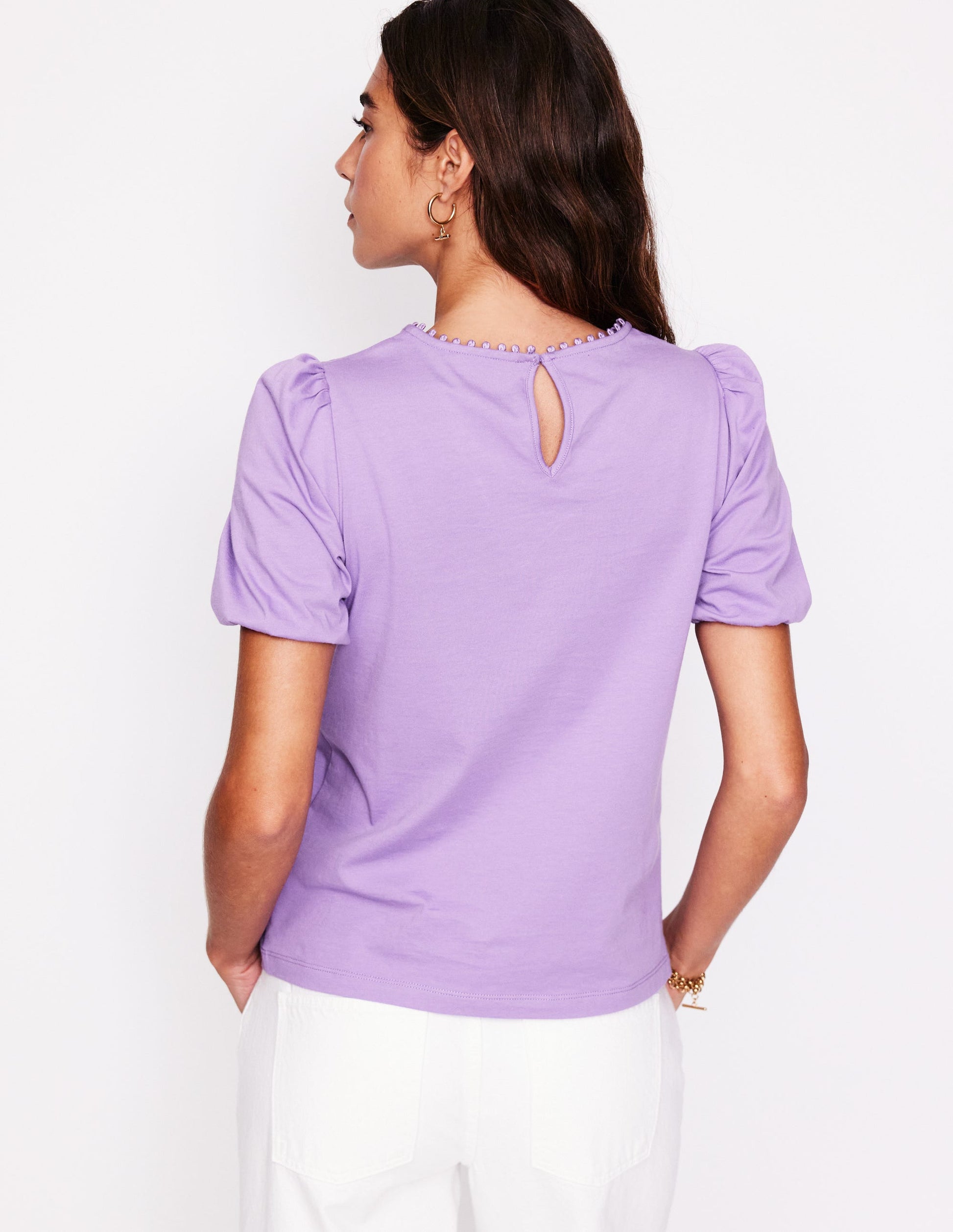 Cutwork Puff Sleeve T-Shirt-Aster Purple-4