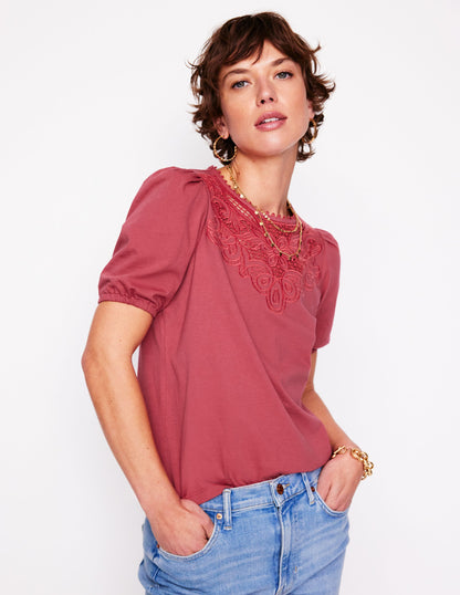 Cutwork Puff Sleeve T-Shirt-Teracotta-1