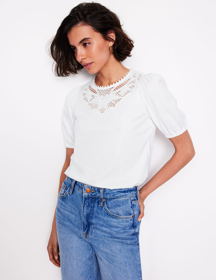 Cutwork Puff Sleeve T-Shirt-White