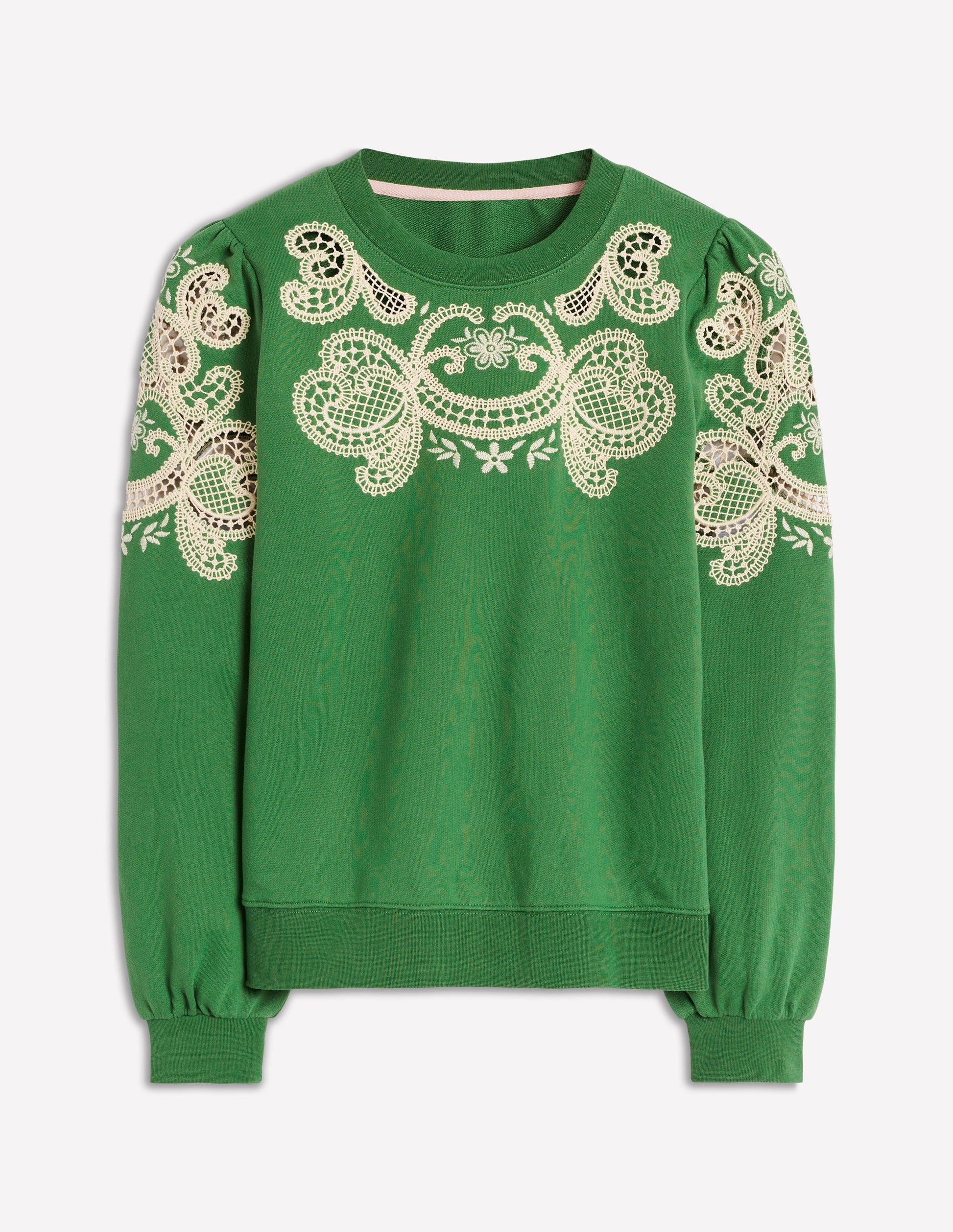 Puff Sleeve Cutwork Sweatshirt-Paradise Green-5