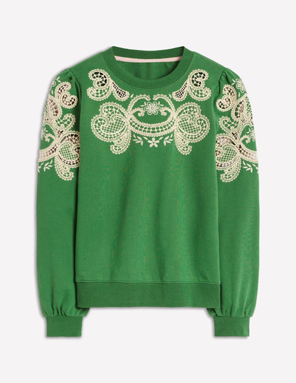 Puff Sleeve Cutwork Sweatshirt-Paradise Green-5