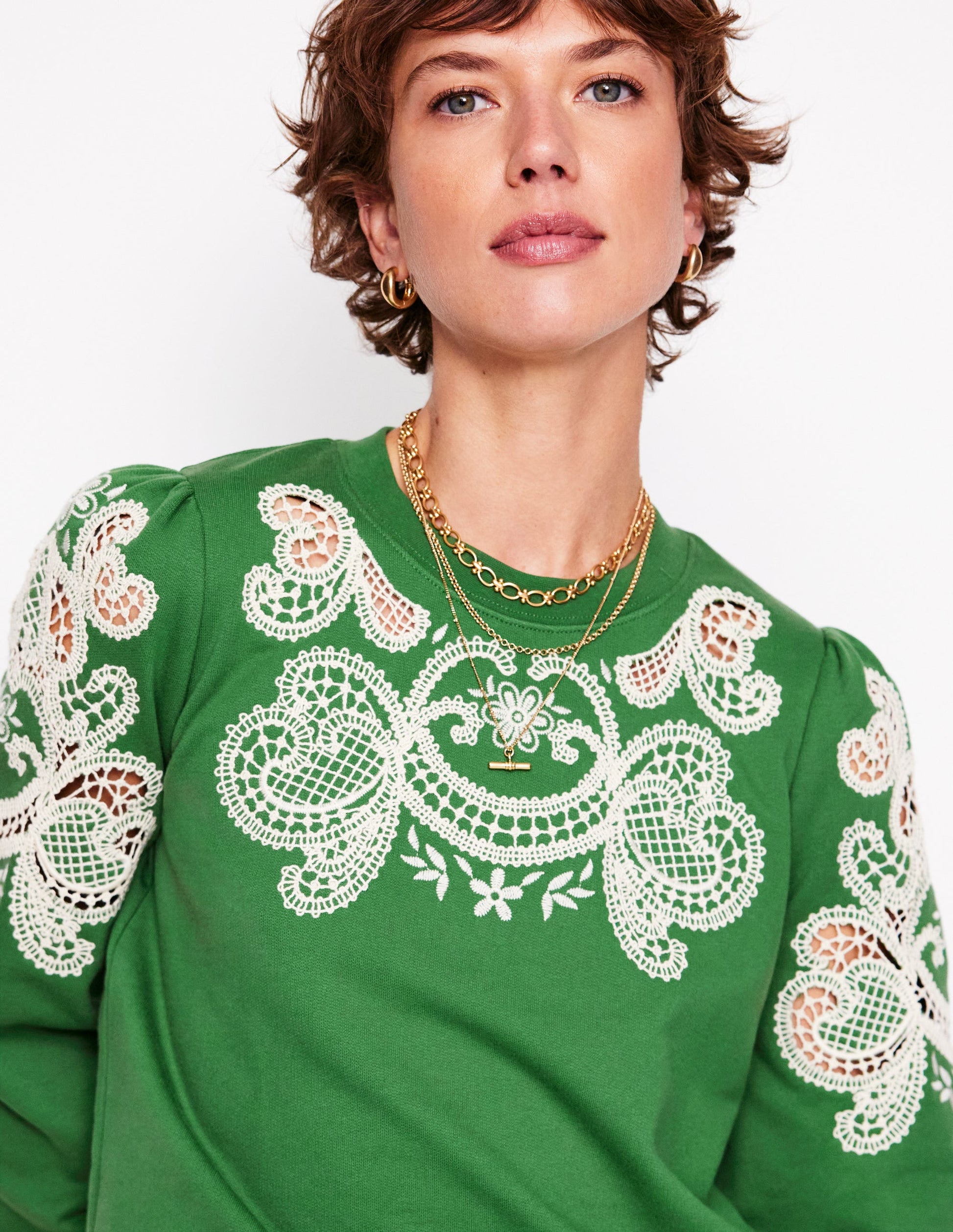 Puff Sleeve Cutwork Sweatshirt-Paradise Green-2