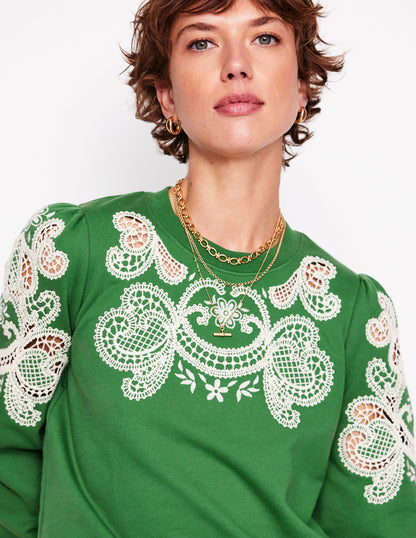 Puff Sleeve Cutwork Sweatshirt-Paradise Green-2