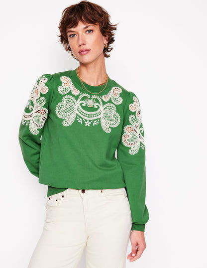 Puff Sleeve Cutwork Sweatshirt-Paradise Green-3