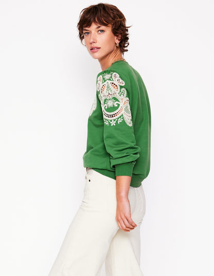Puff Sleeve Cutwork Sweatshirt-Paradise Green-4