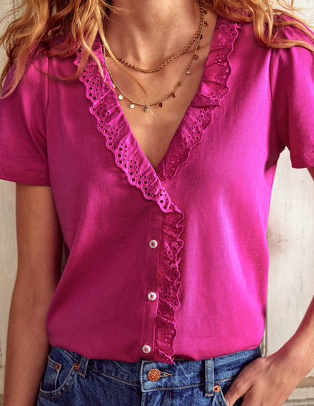 Broderie V-Neck Top-Cosmos Pink
