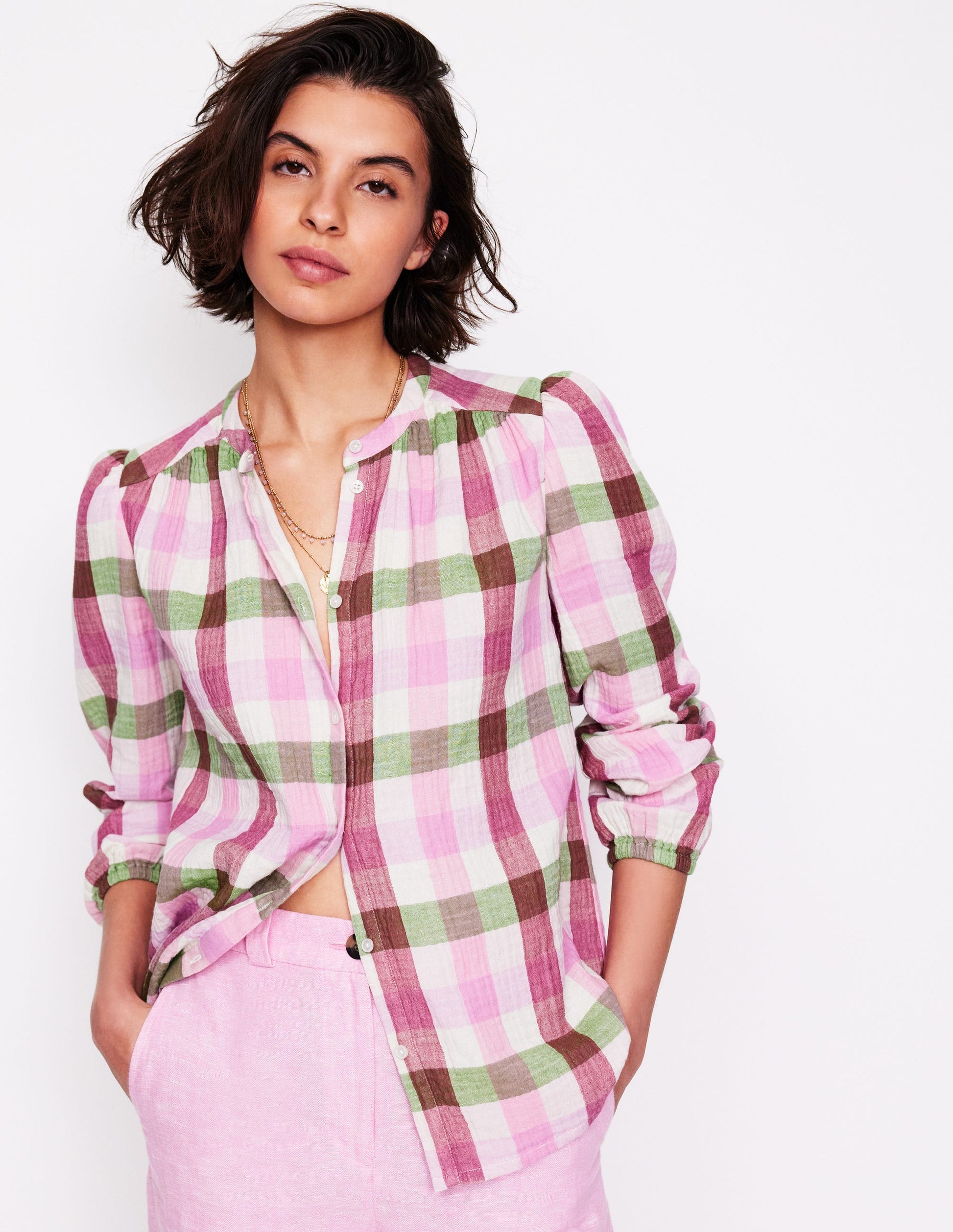 Gingham Double Cloth Top-Pink and Green Gingham-1
