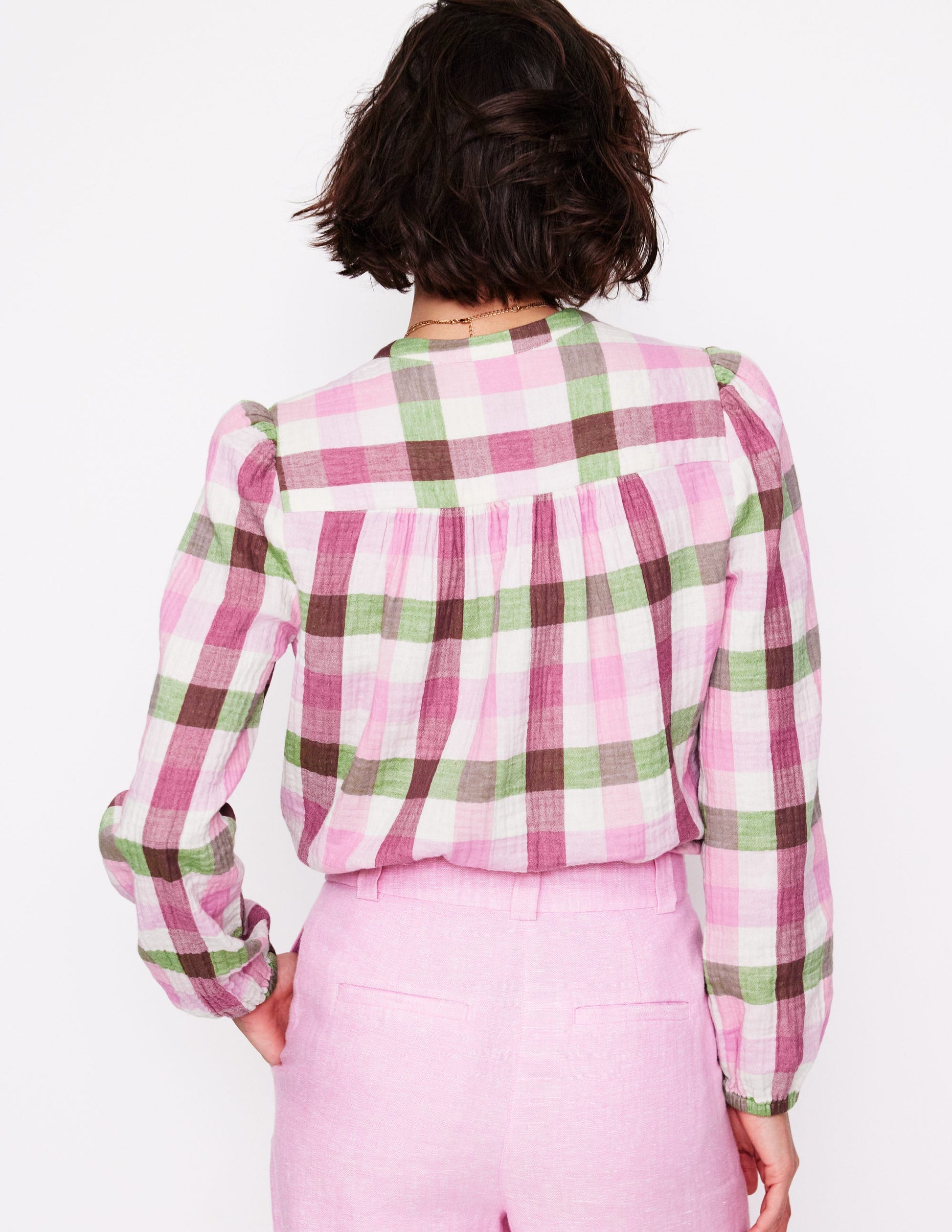 Gingham Double Cloth Top-Pink and Green Gingham-3