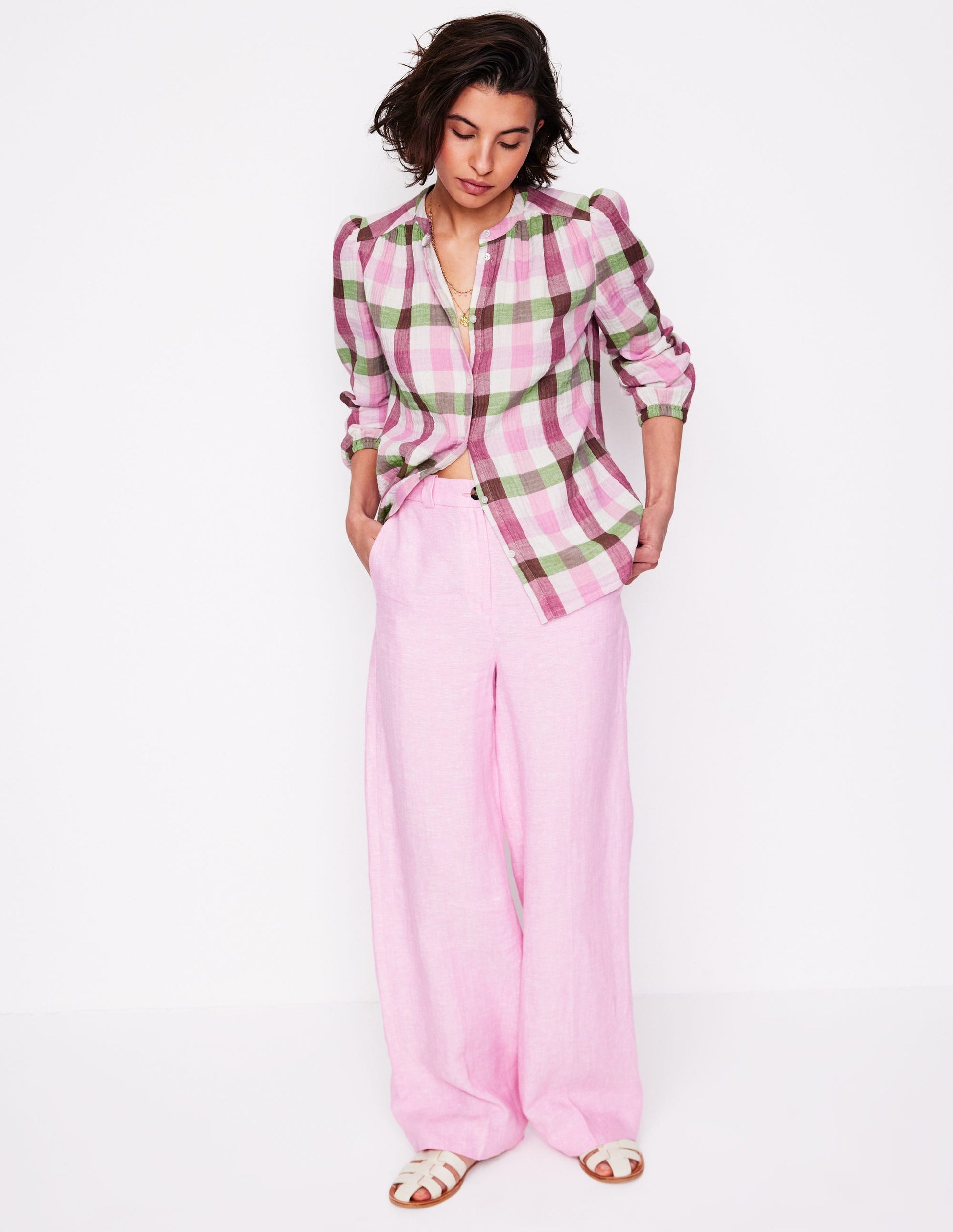 Gingham Double Cloth Top-Pink and Green Gingham-4