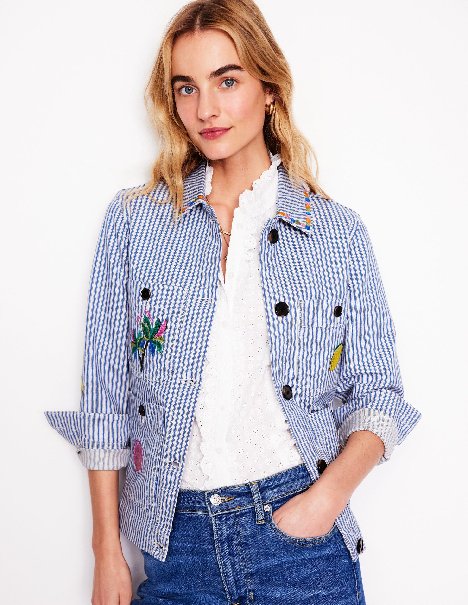 Embroidered Utility Jacket-Forget me not Blue Fine Stripe-1