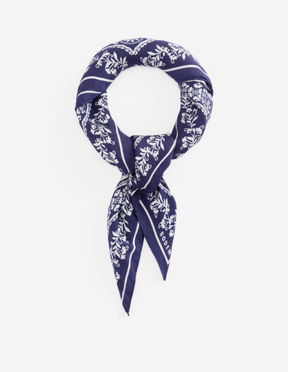 Silk Square Scarf-Navy Decorative Blossom-2