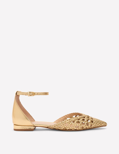 Pointed Toe Cap Flats-Gold Woven Leather-1