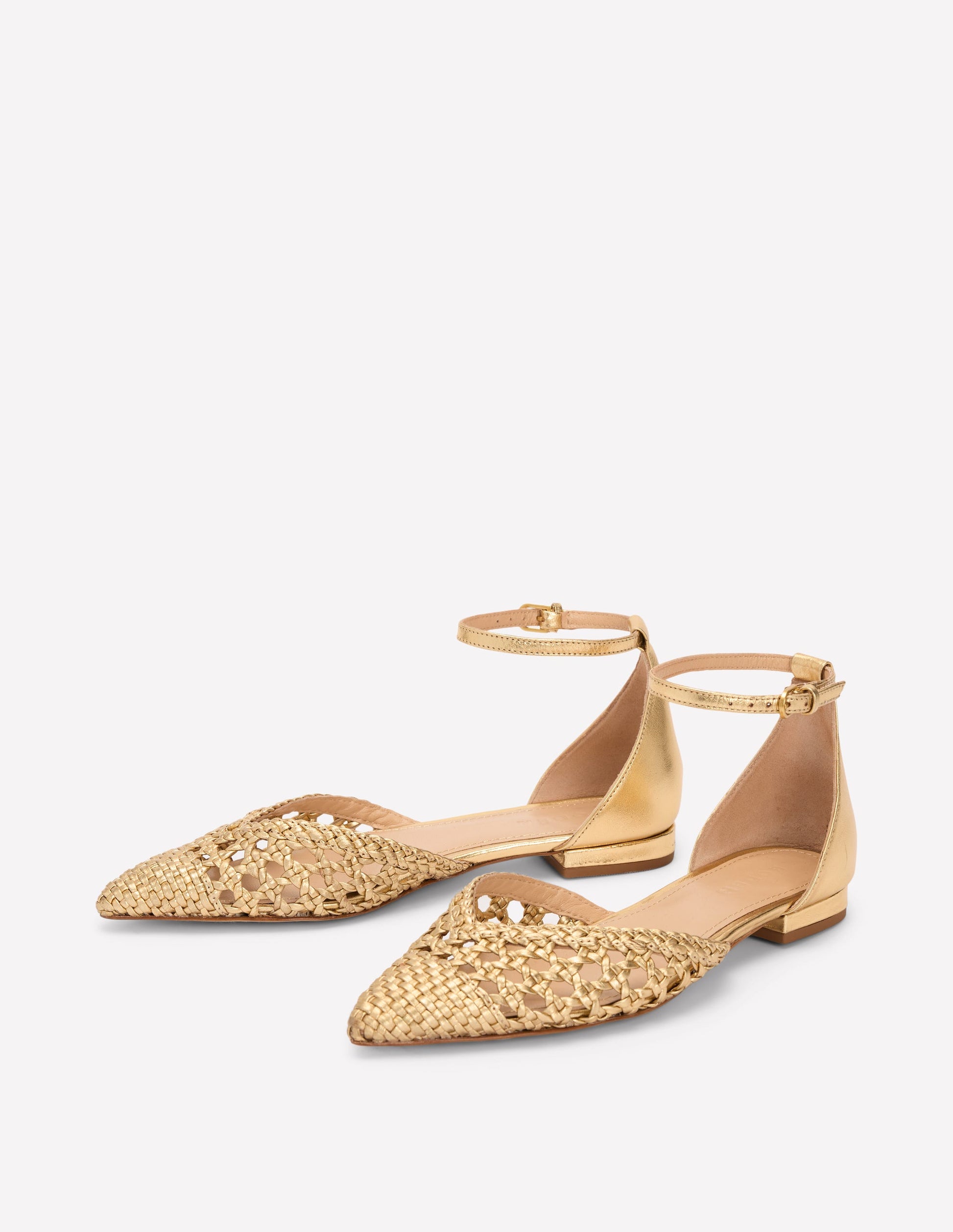 Pointed Toe Cap Flats-Gold Woven Leather-3