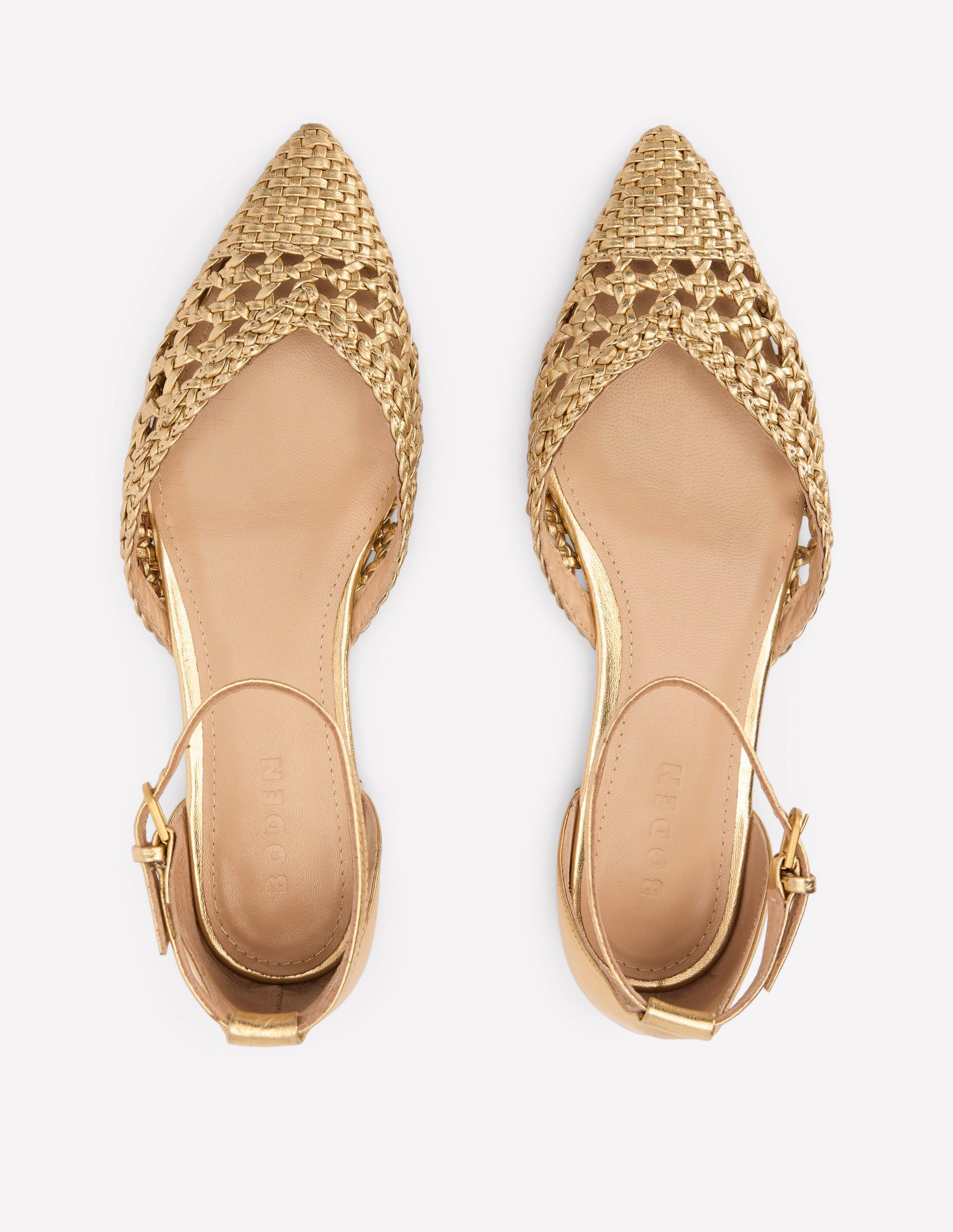 Pointed Toe Cap Flats-Gold Woven Leather-5