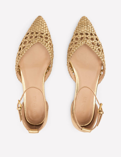 Pointed Toe Cap Flats-Gold Woven Leather-5
