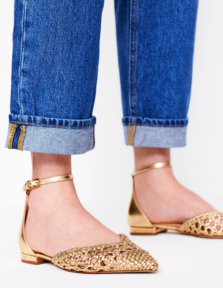 Pointed Toe Cap Flats-Gold Woven Leather