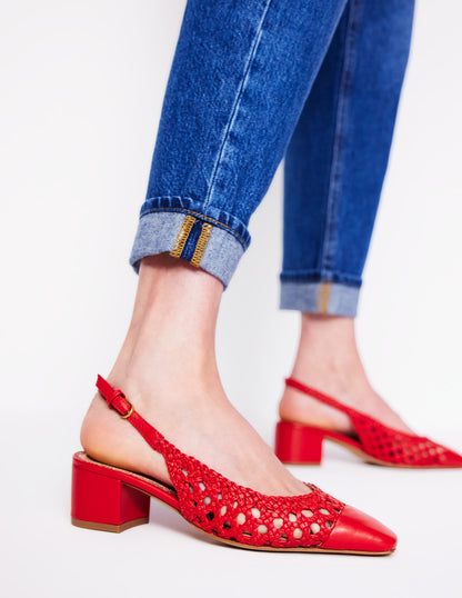 Ailsa Block Heel Slingbacks-Post Box Red Woven-2