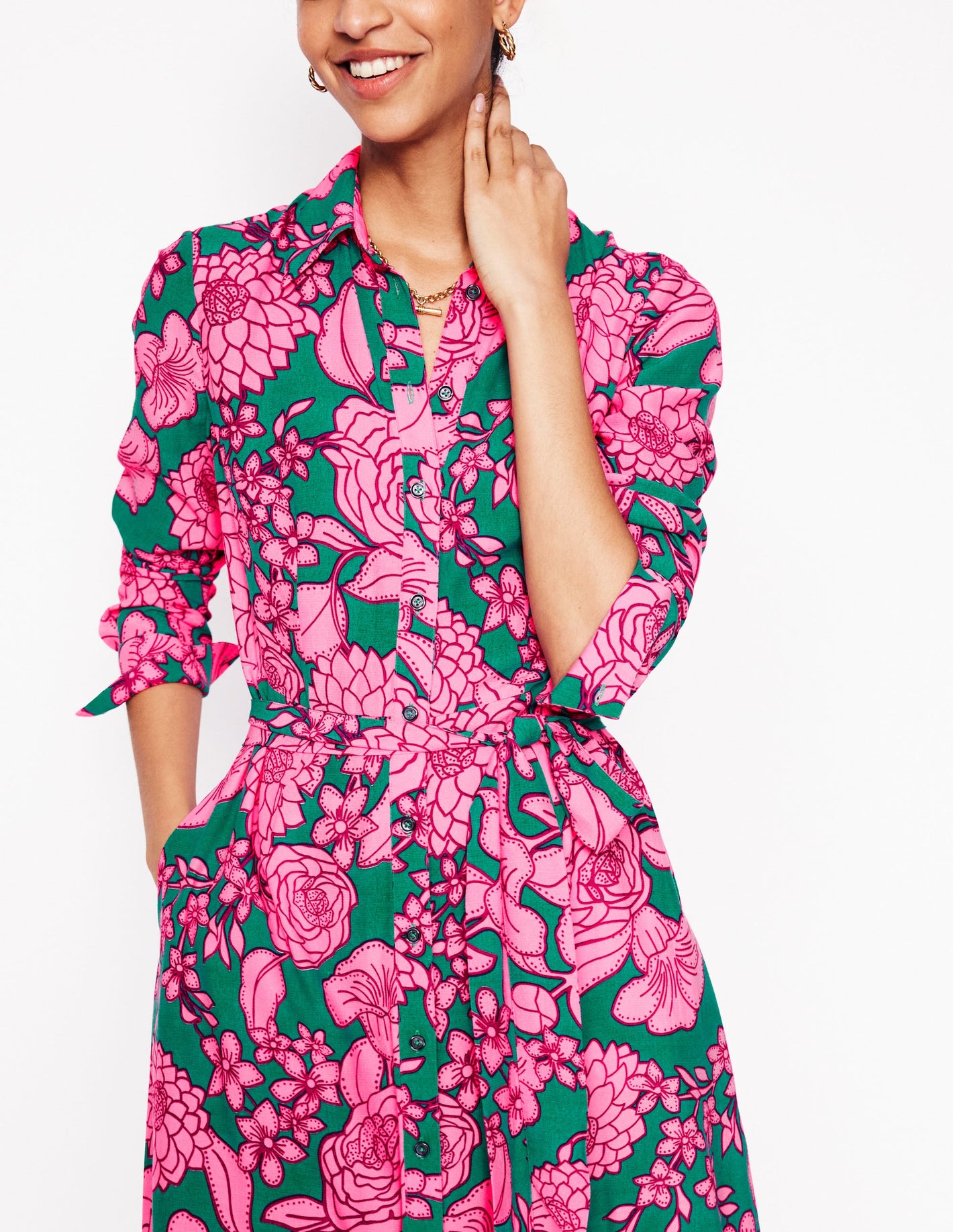 Kate Midi Shirt Dress-Green, Blossom Cascade