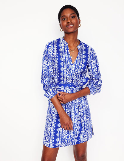 Cleo Tie Waist Linen Dress-Bright Blue, Ornate Stripe