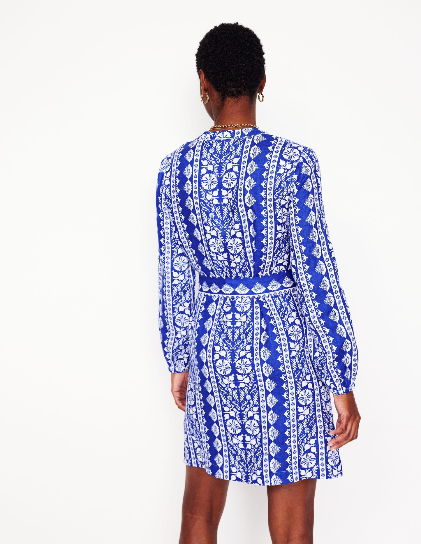 Cleo Tie Waist Linen Dress-Bright Blue, Ornate Stripe