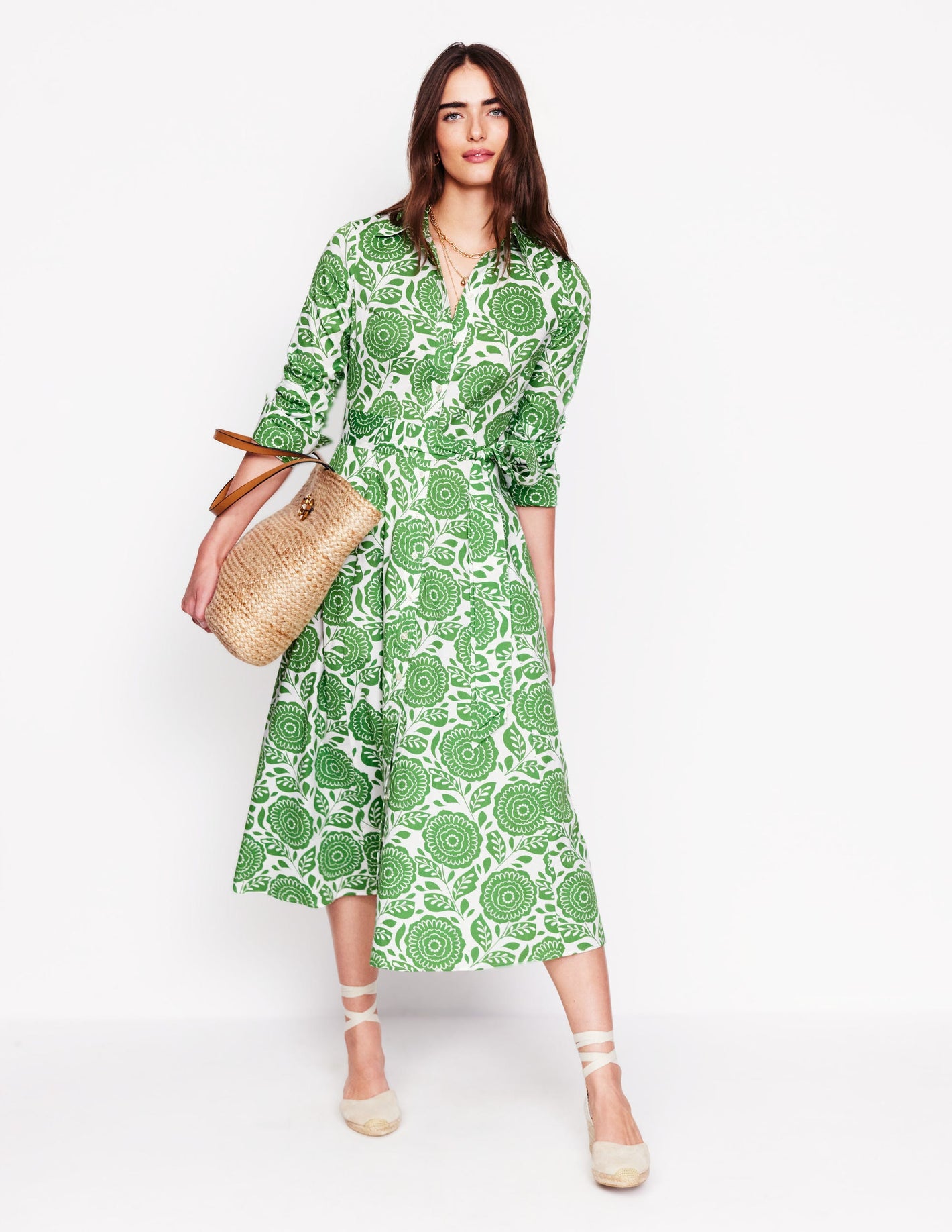 Amy Cotton Midi Shirt Dress-Iguana Green, Dahlia Stamp