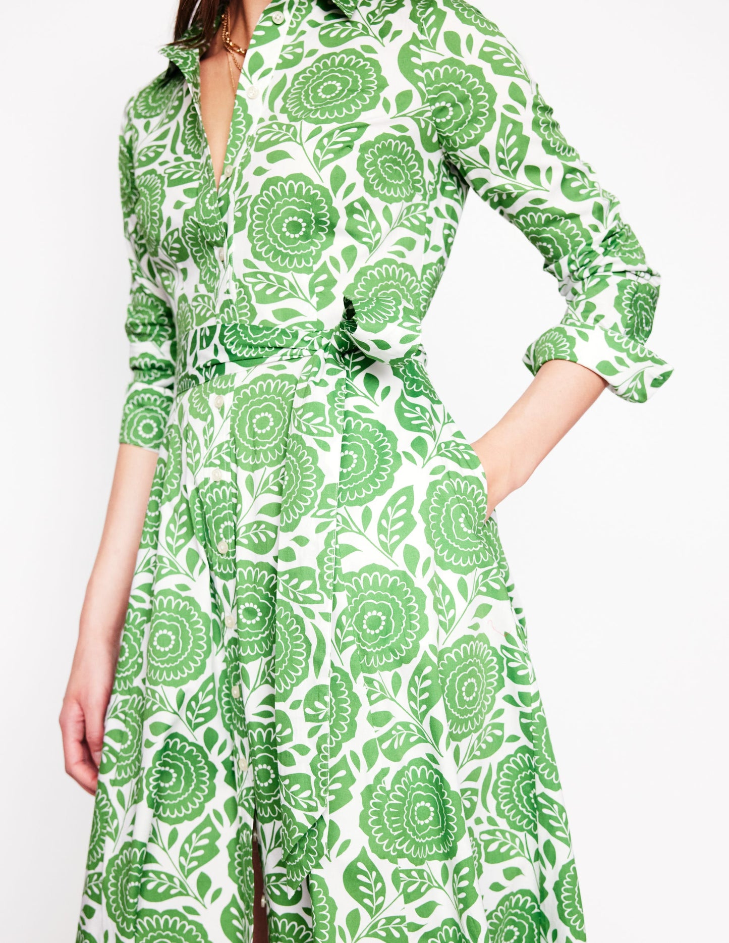 Amy Cotton Midi Shirt Dress-Paradise Green, Dahlia Stamp