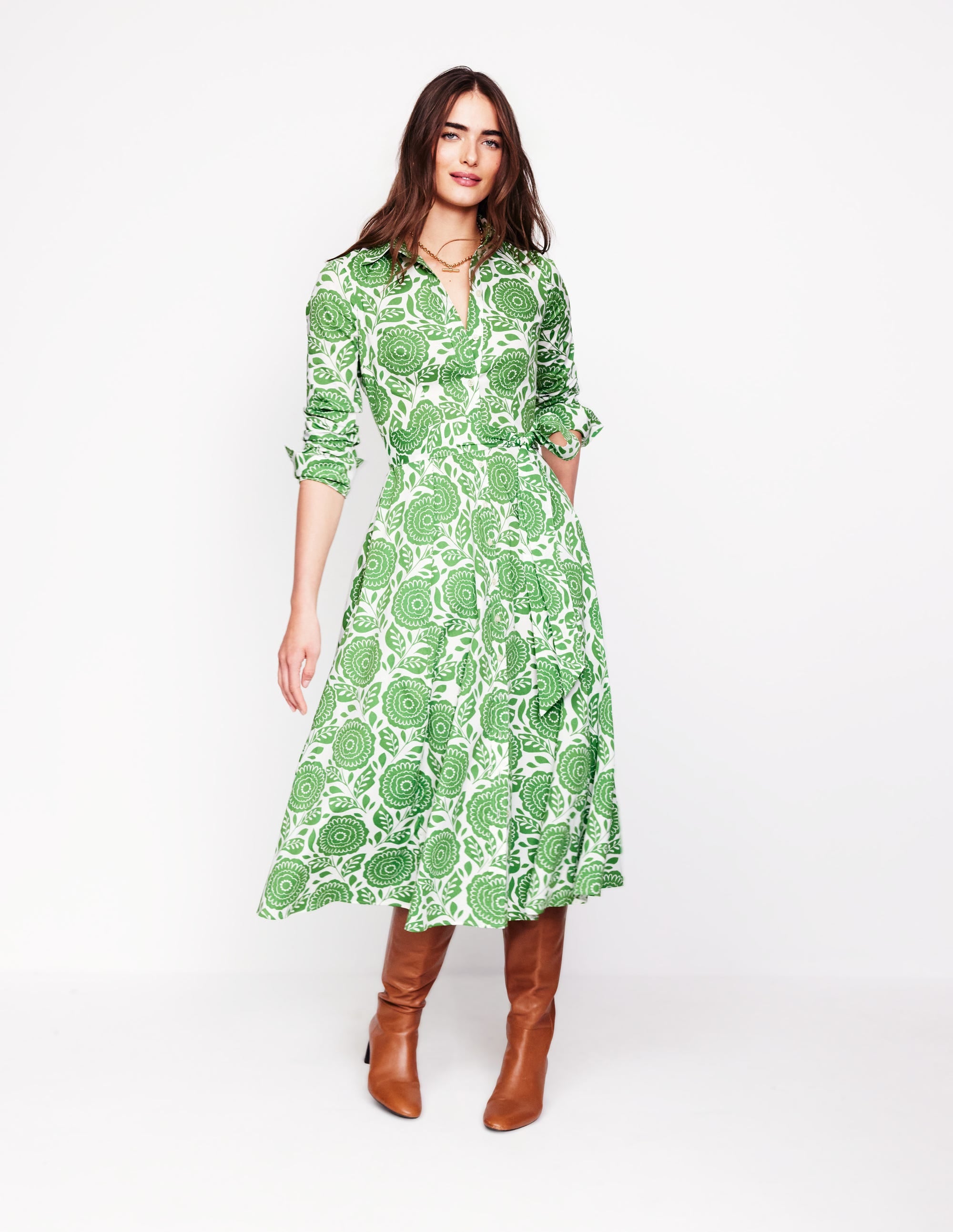 Amy Cotton Midi Shirt Dress-Paradise Green, Dahlia Stamp - Image 6