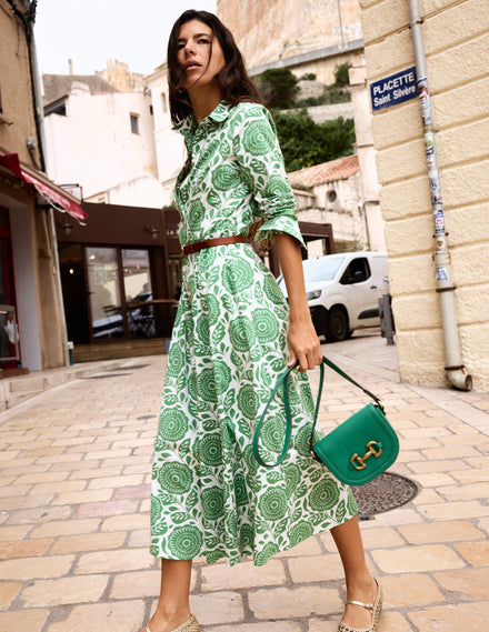 Amy Cotton Midi Shirt Dress-Paradise Green, Dahlia Stamp