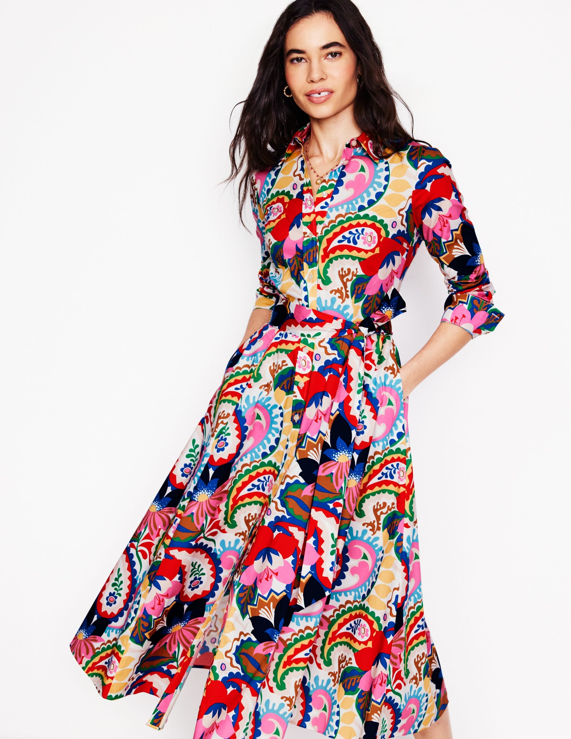 Amy Cotton Midi Shirt Dress-Ivory, Botanical Paisley - Image 1