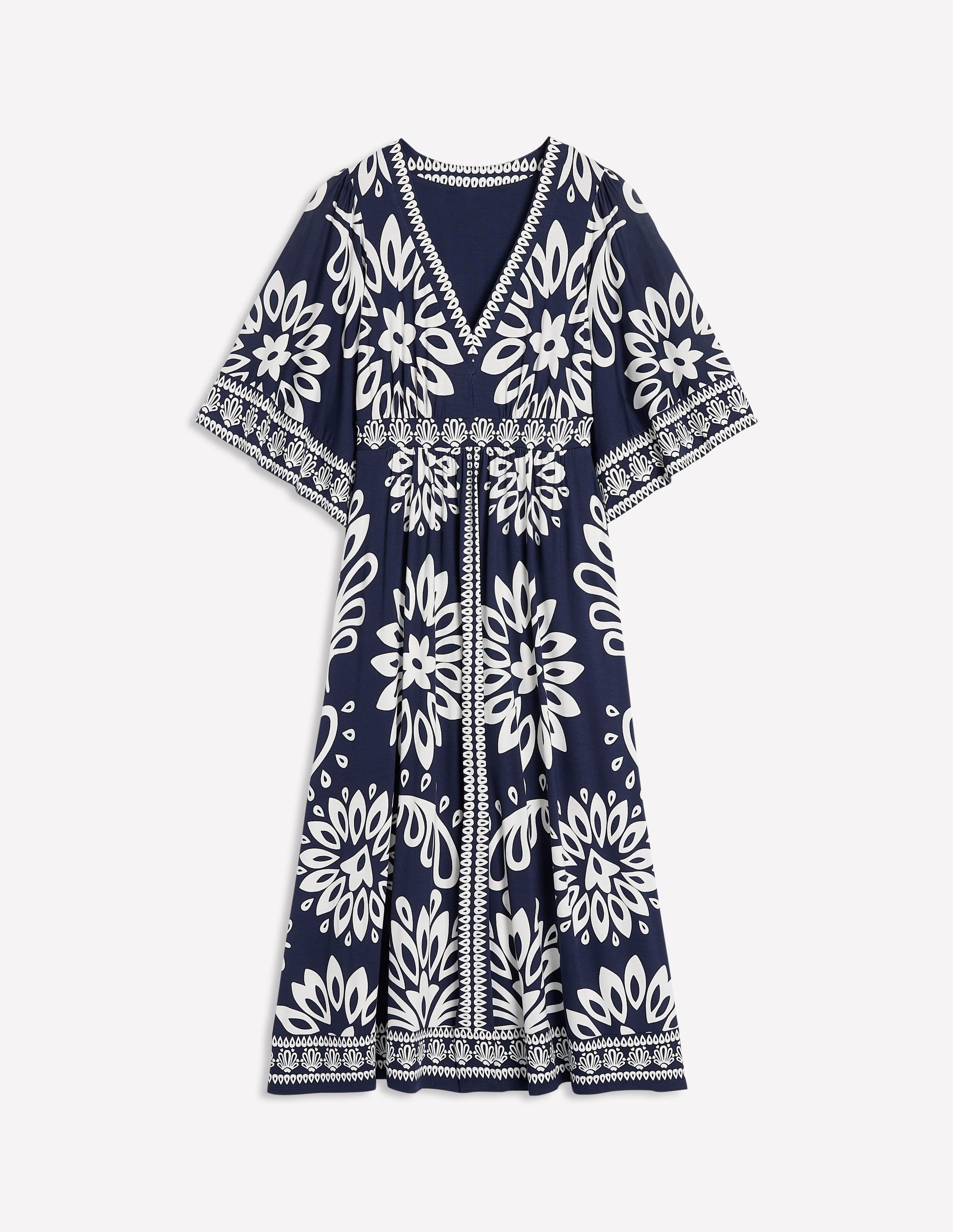 Maya Kimono Jersey Maxi Dress-French Navy, Palm Foliage - Image 7