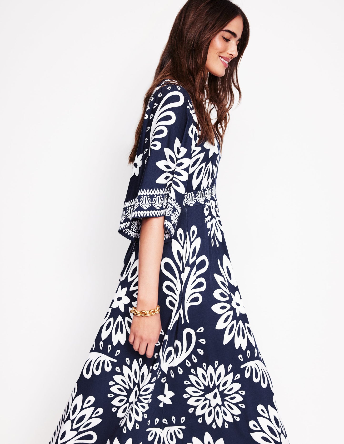 Maya Kimono Jersey Maxi Dress-French Navy, Palm Foliage