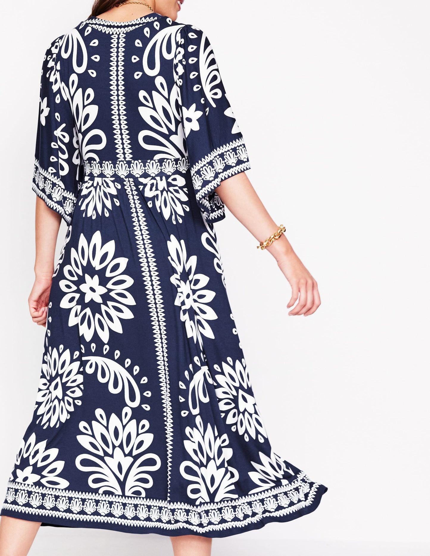 Maya Kimono Jersey Maxi Dress-French Navy, Palm Foliage