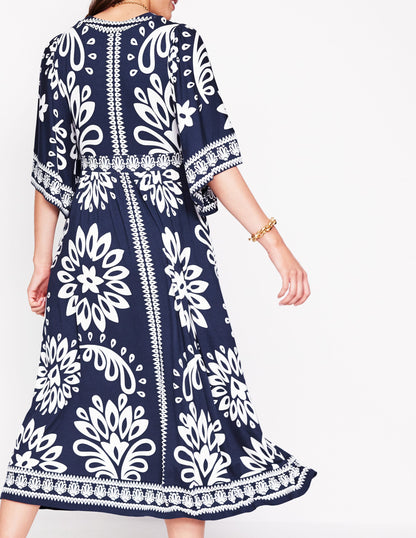 Maya Kimono Jersey Maxi Dress-French Navy, Palm Foliage