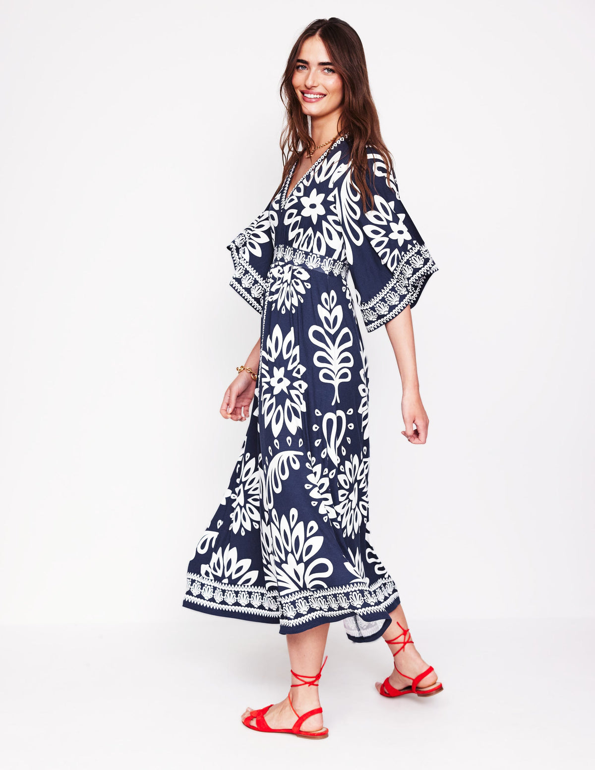 Maya Kimono Jersey Maxi Dress-French Navy, Palm Foliage - Image 5