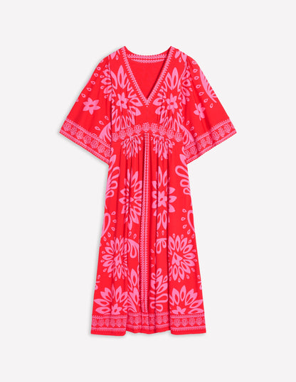 Maya Kimono Jersey Maxi Dress-Strawberry Red, Palm Foliage