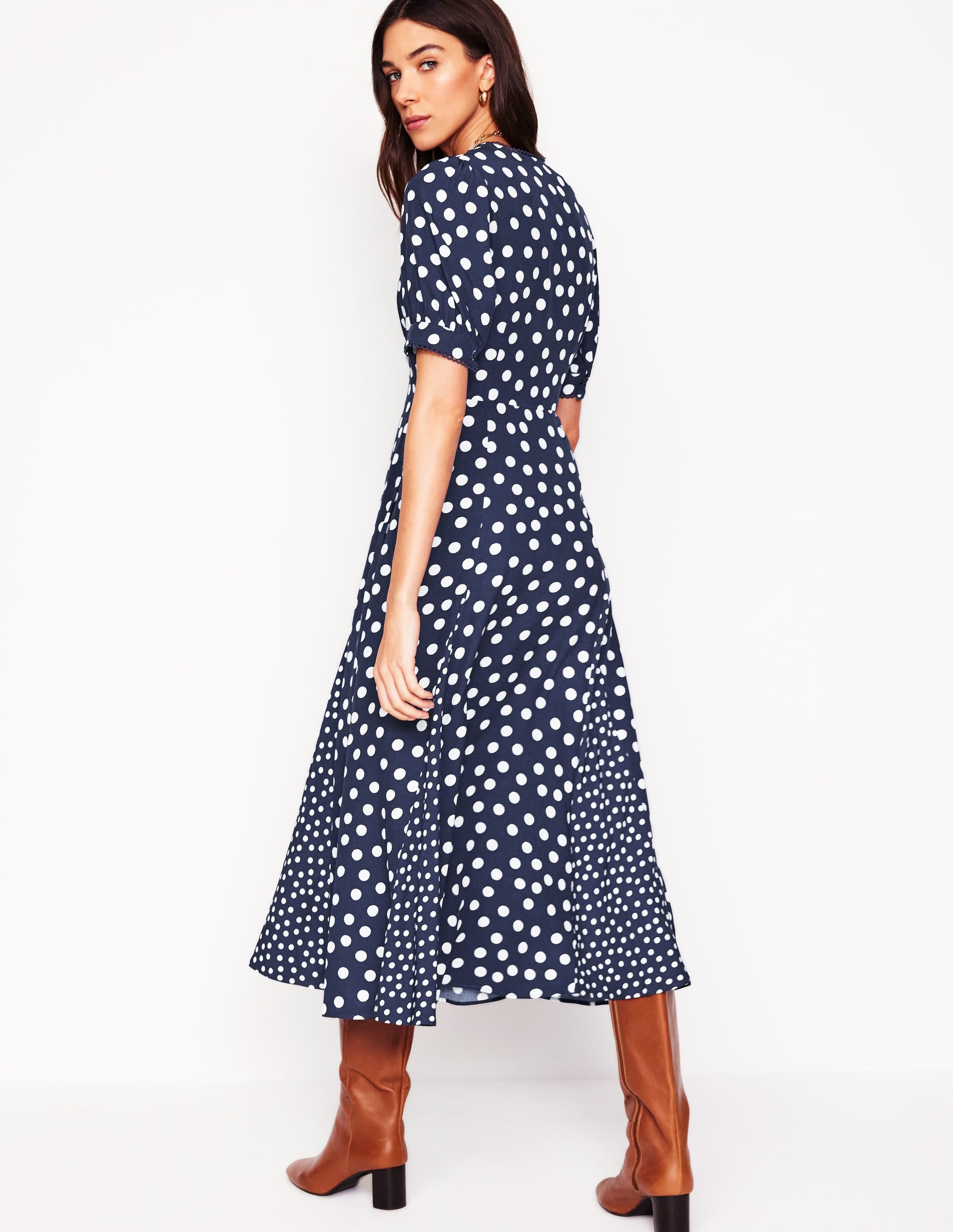 Rosie Godet Tea Dress-French Navy, Abstract Dot - Image 3