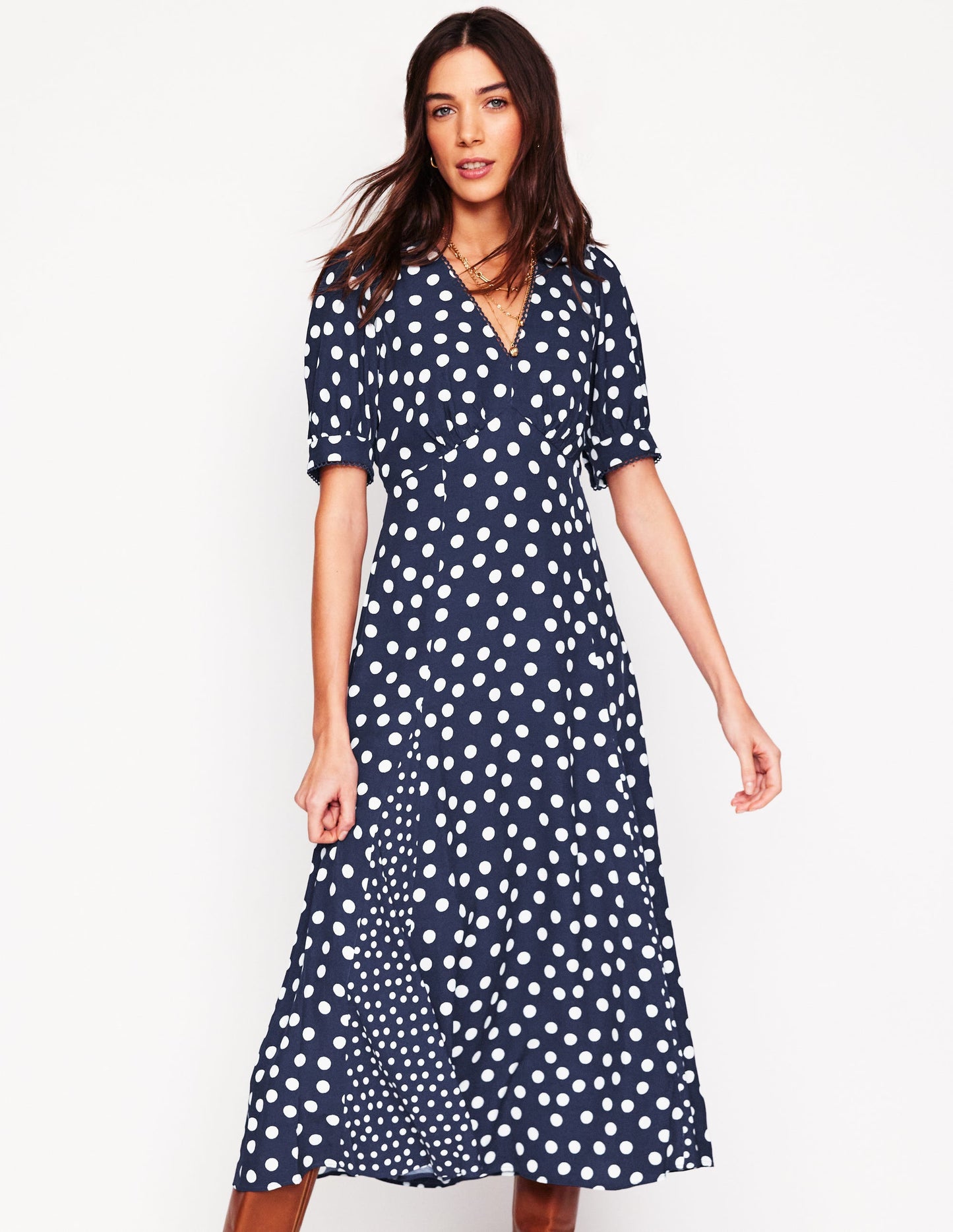 Rosie Godet Tea Dress-French Navy, Abstract Dot