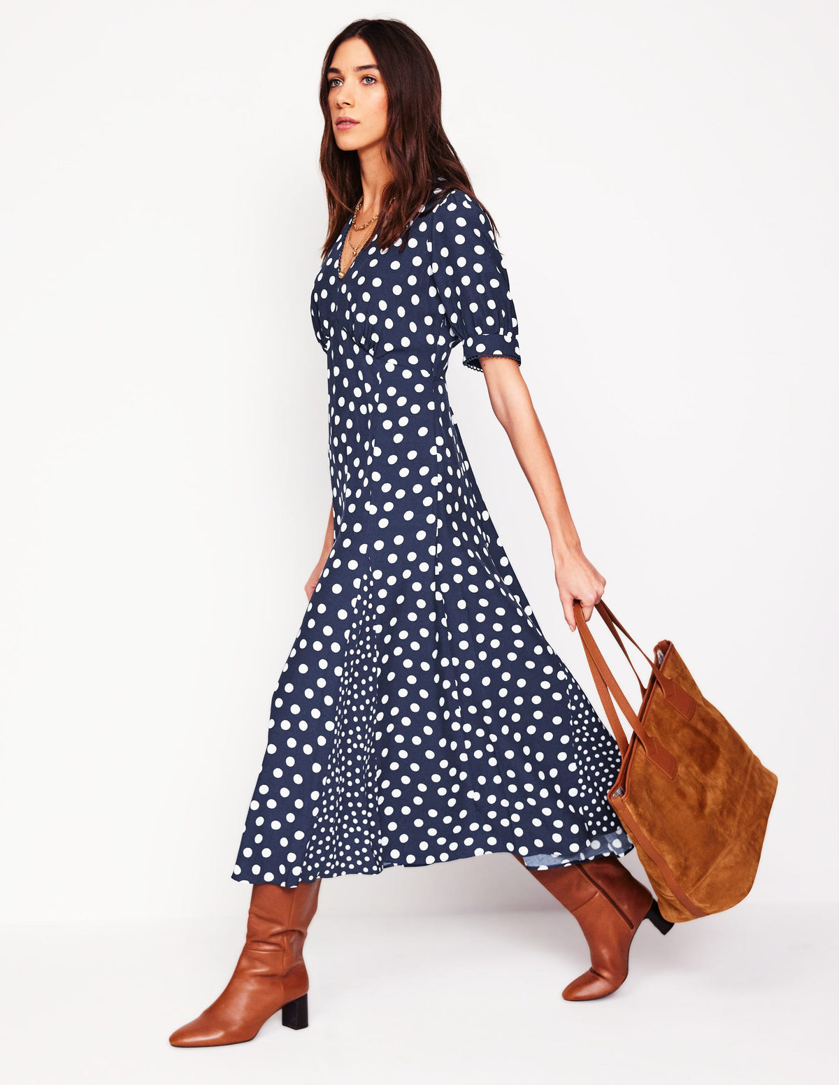 Rosie Godet Tea Dress-French Navy, Abstract Dot - Image 5