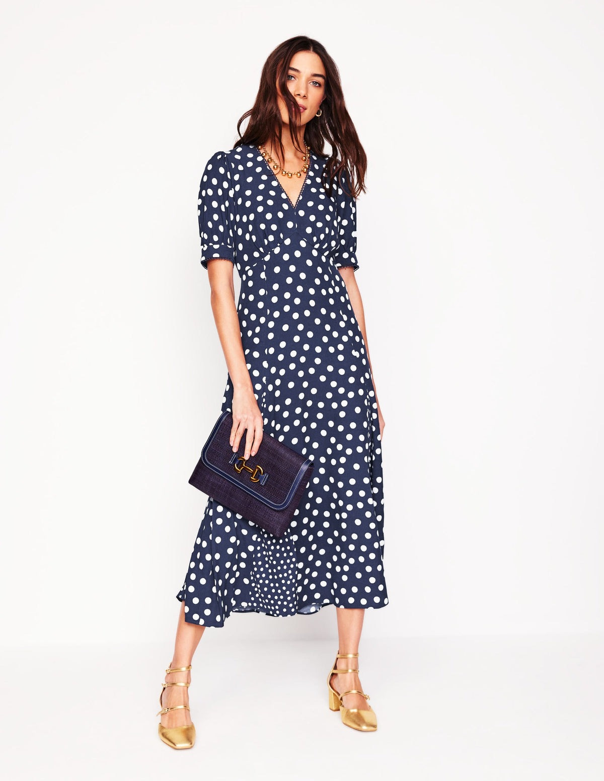 Rosie Godet Tea Dress-French Navy, Abstract Dot - Image 6