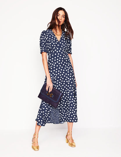 Rosie Godet Tea Dress-French Navy, Abstract Dot