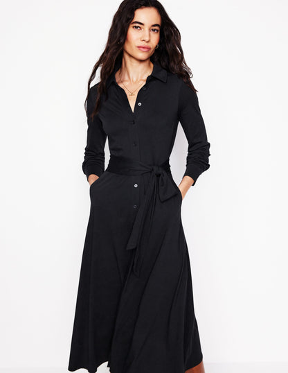 Marcia Jersey Midi Shirt Dress-Black