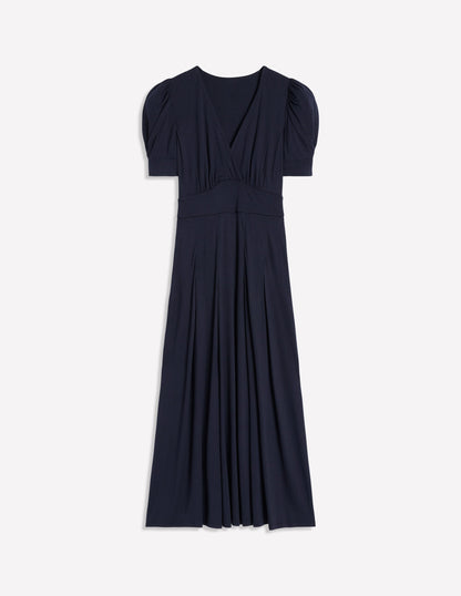 Kristen Pleated Jersey Dress-Navy