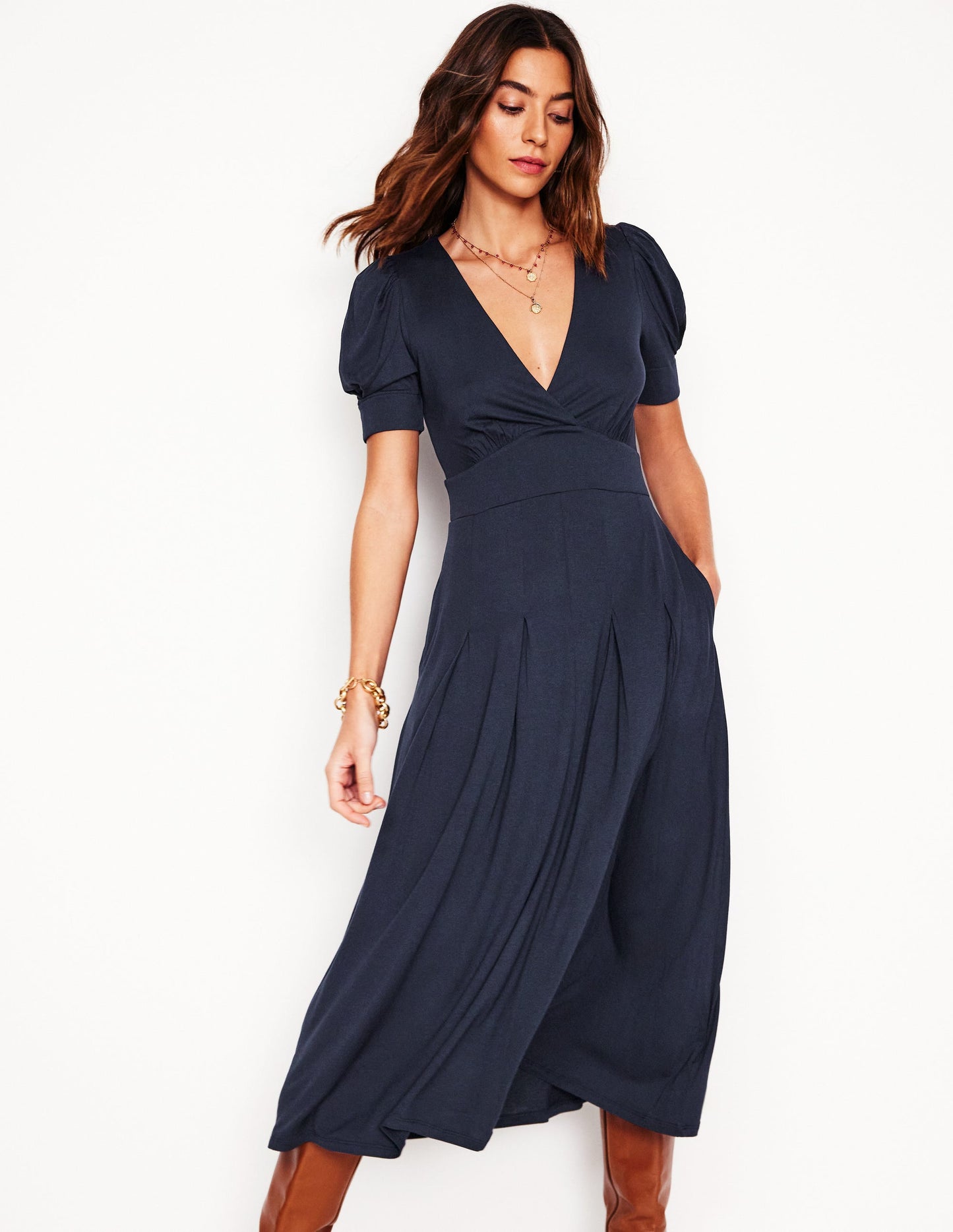 Kristen Pleated Jersey Dress-Navy