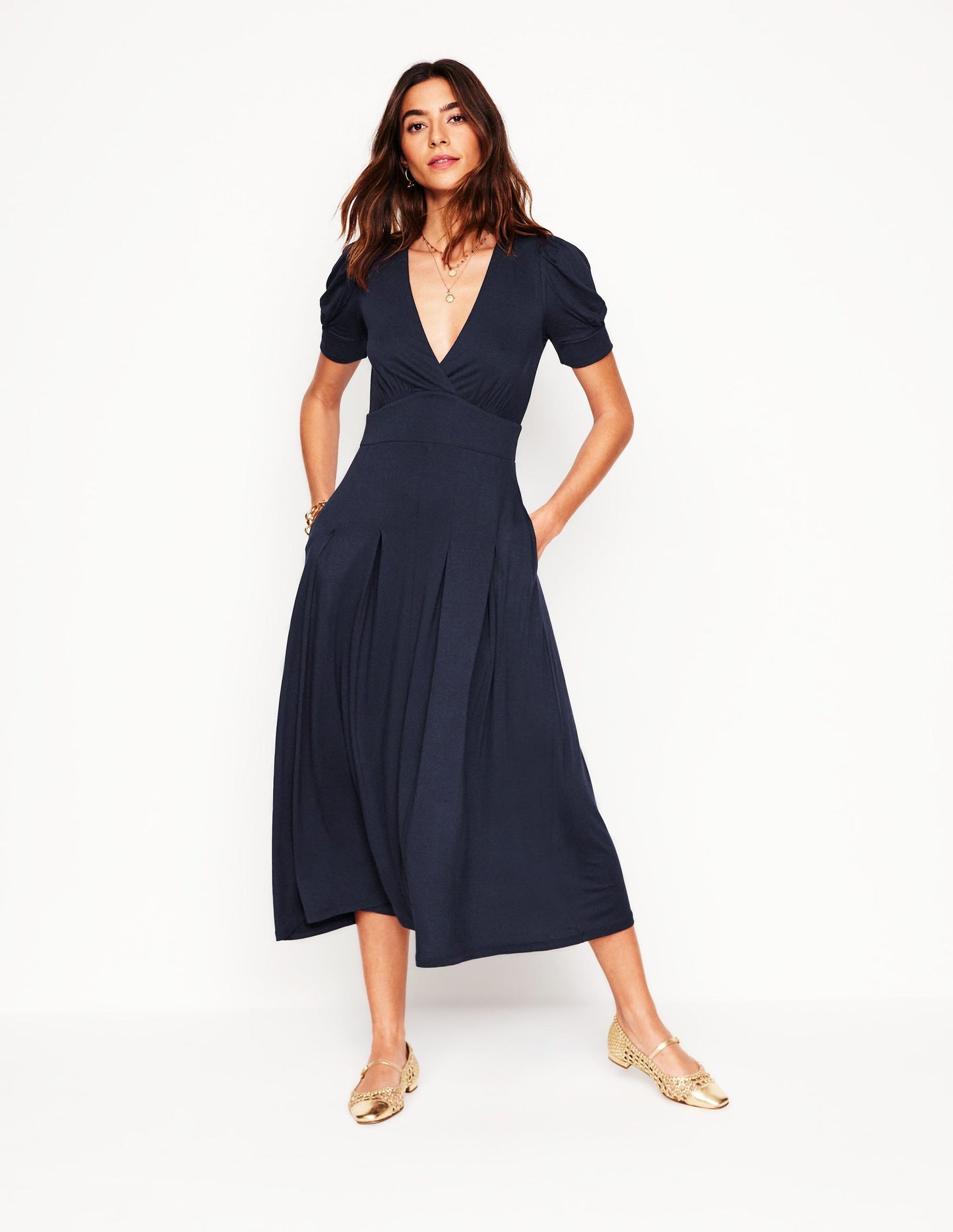 Kristen Pleated Jersey Dress-Navy