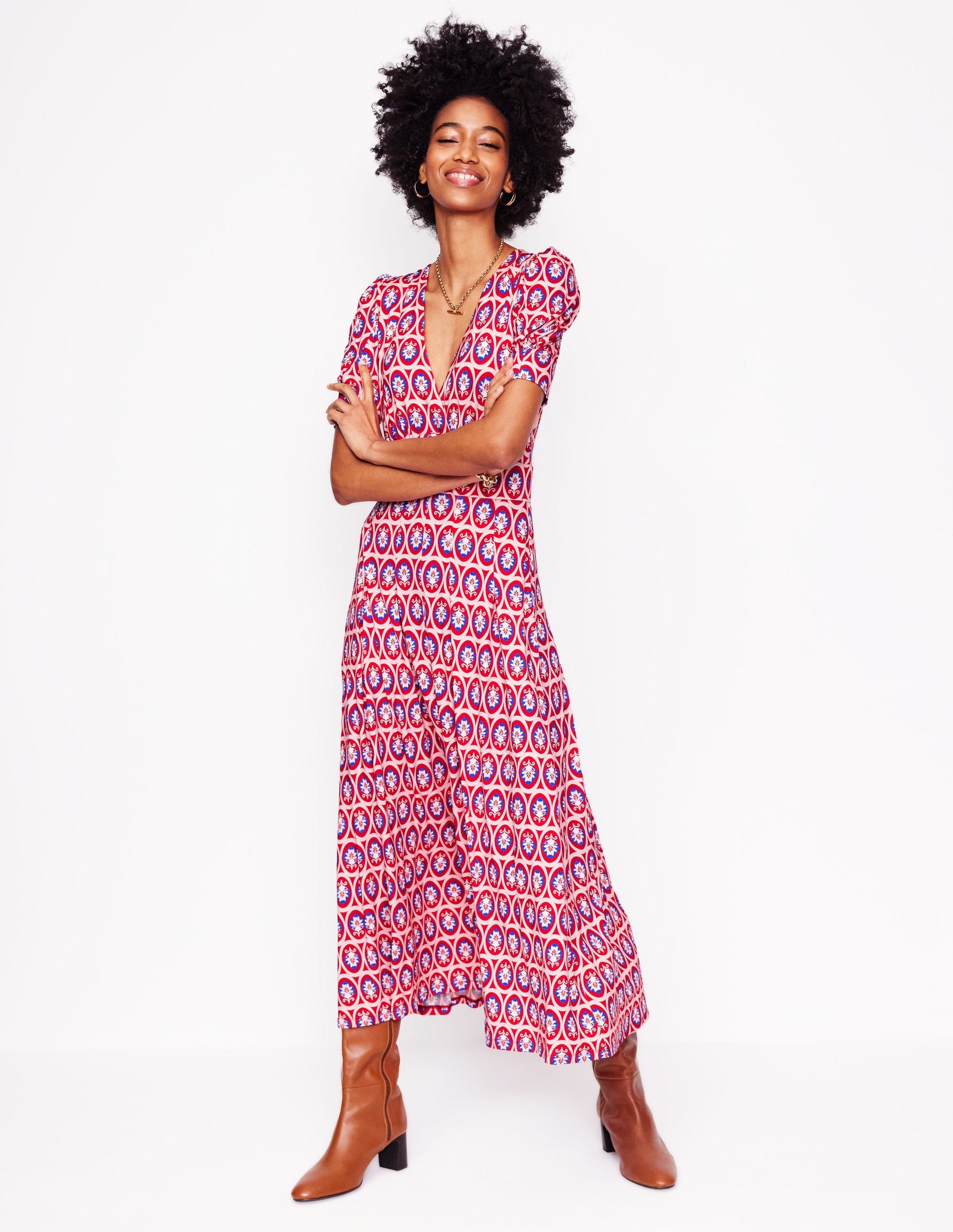 Kristen Pleated Jersey Dress-High Risk Red, Ornate Blossom | Boden Global Kristen Pleated Jersey Dress-High Risk Red, Ornate Blossom | Boden Global