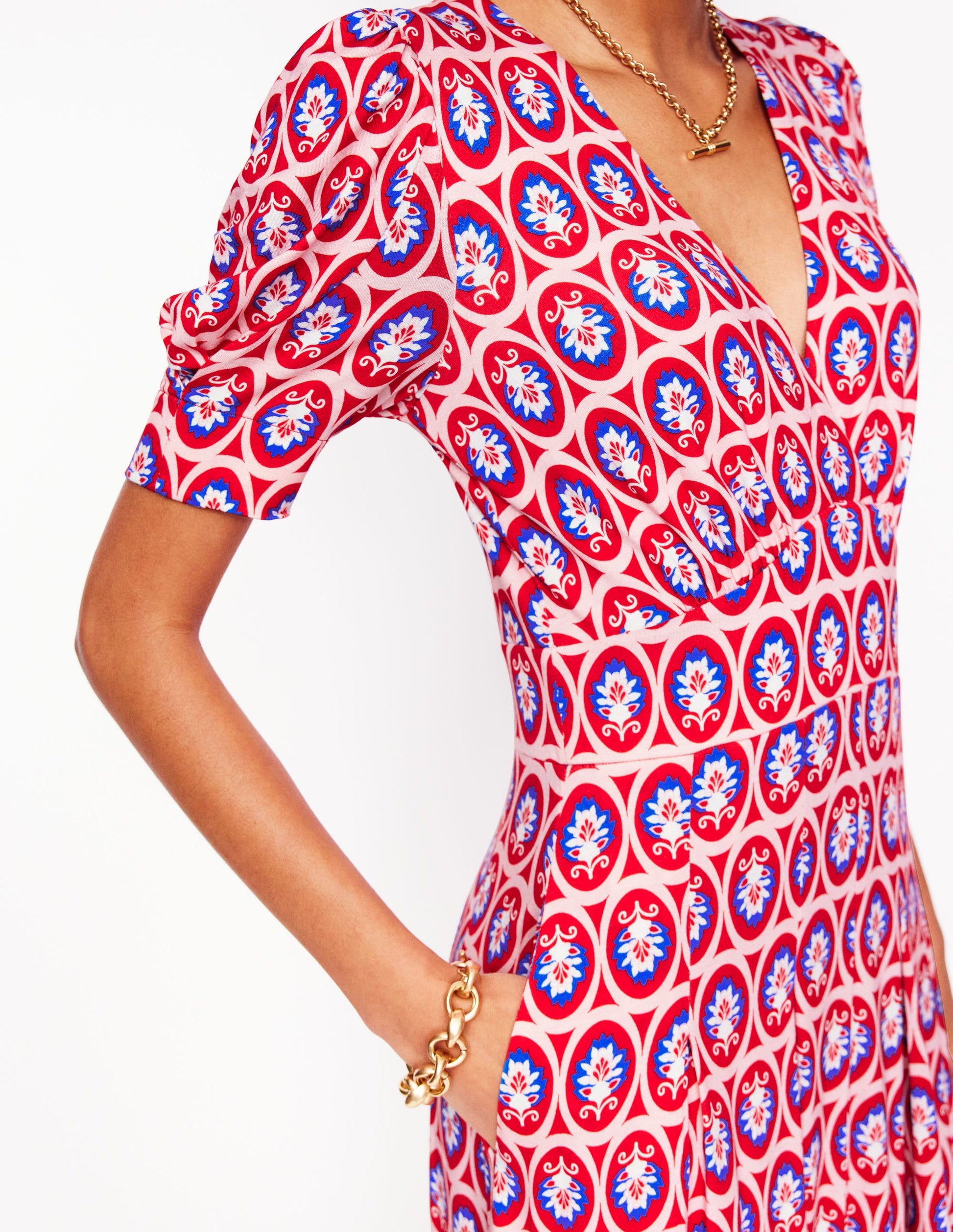 Kristen Pleated Jersey Dress-High Risk Red, Ornate Blossom | Boden Global Kristen Pleated Jersey Dress-High Risk Red, Ornate Blossom | Boden Global