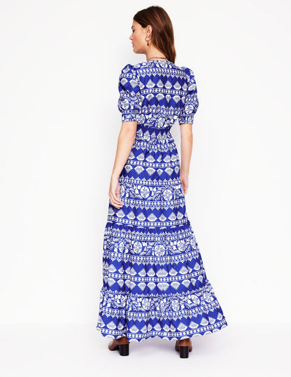 Bella Puff Sleeve Maxi Dress-Bright Blue, Ornate Stripe