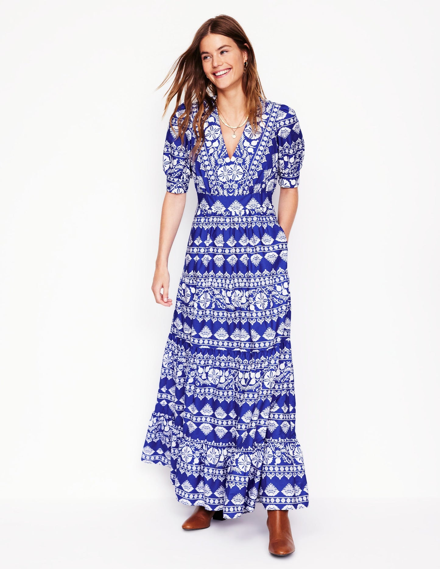 Bella Puff Sleeve Maxi Dress-Bright Blue, Ornate Stripe